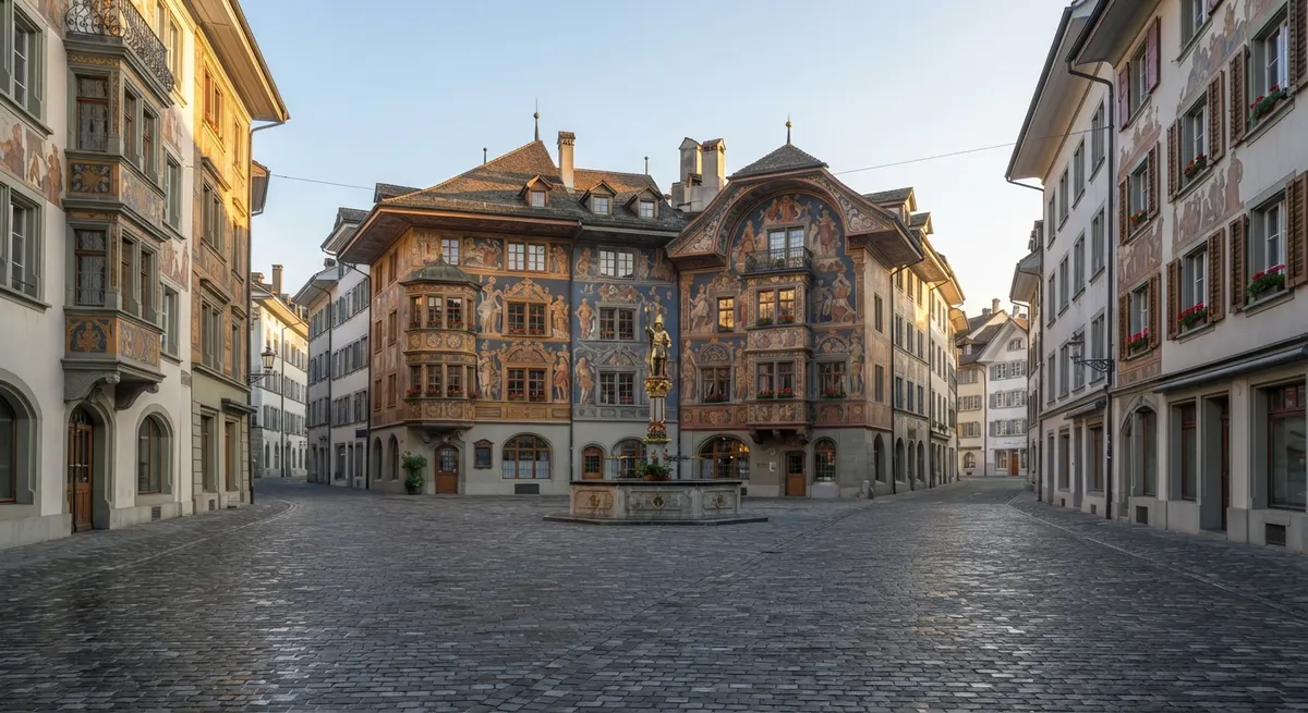 Gassen der Luzerner Altstadt am frühen Morgen mit bemalten Fassaden