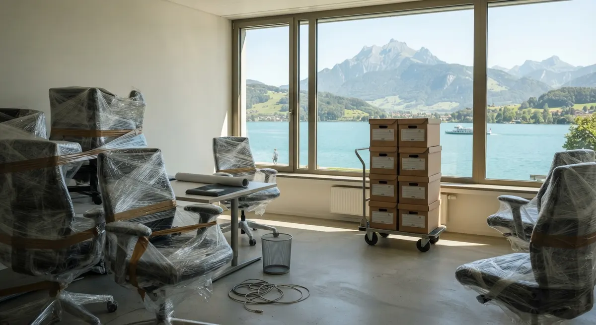 Verpackte Büromöbel und Archivboxen in einem hellen Luzerner Geschäftshaus
