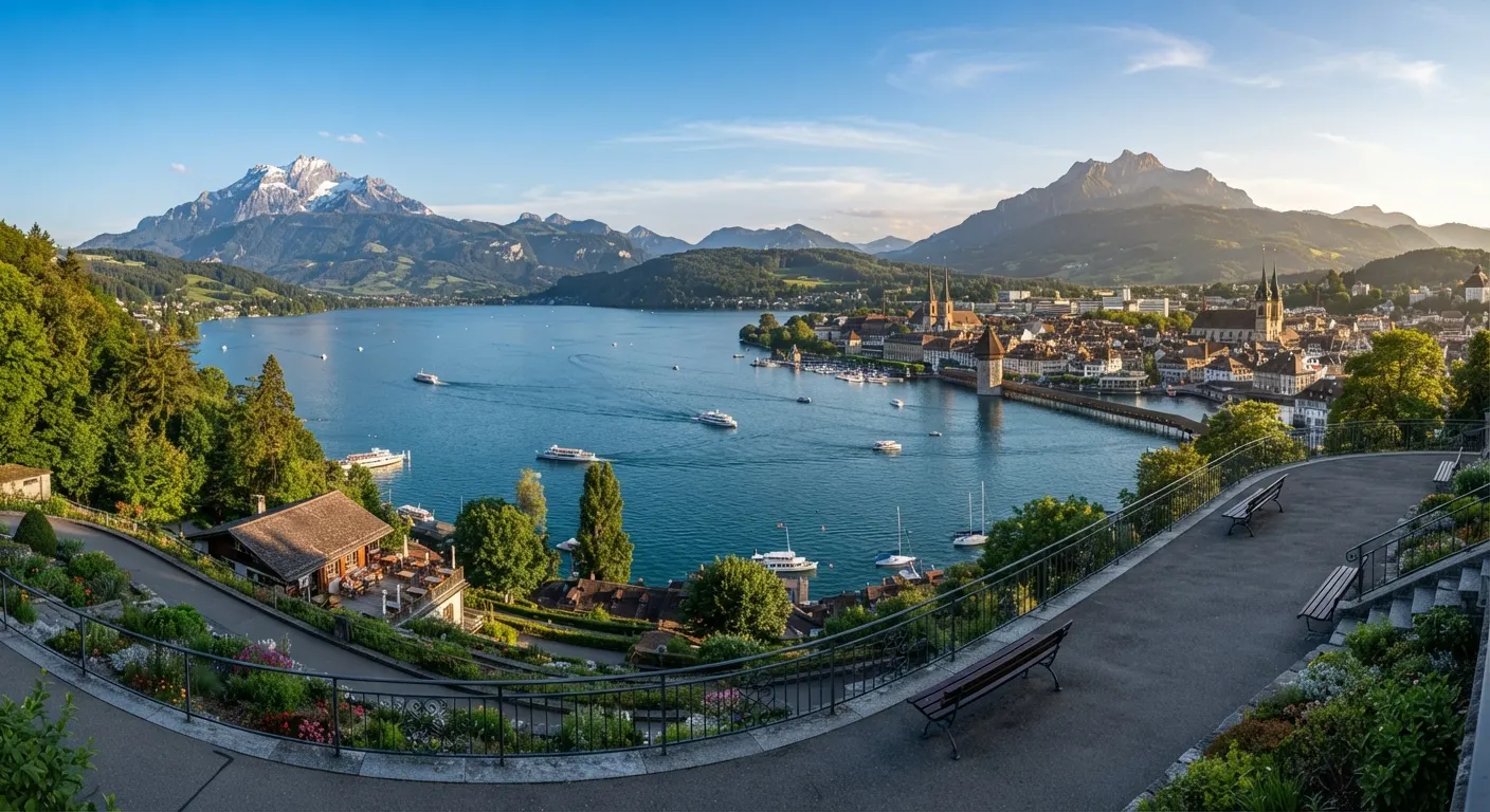Luzerner Seebecken in der Abenddämmerung mit Kapellbrücke und Pilatus im Hintergrund