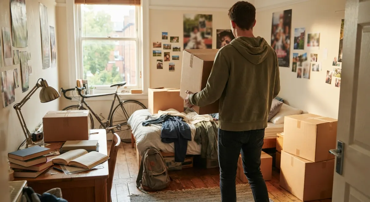 Studentin trägt einen Karton in ein helles WG-Zimmer in Luzern